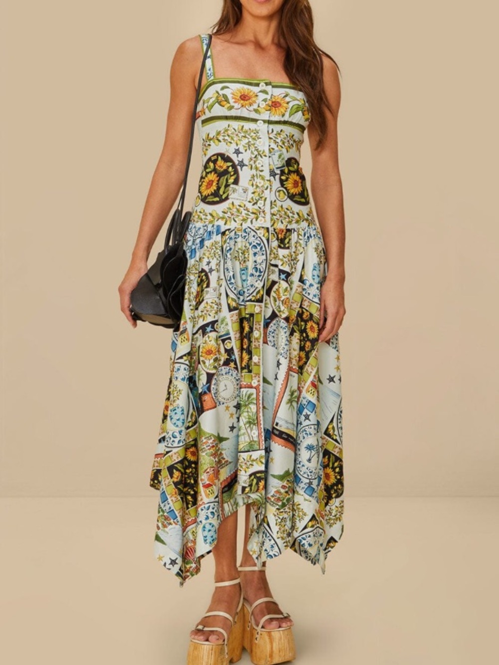 NWT - FARM Rio Multicolour Scarf Print Asymmetrical Midi Dress